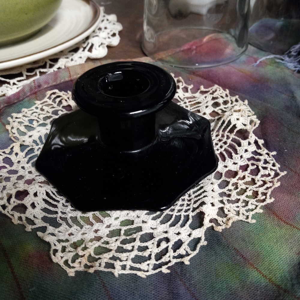 Vintage Black Amethyst Glass Depression  Candle Holders Octagon